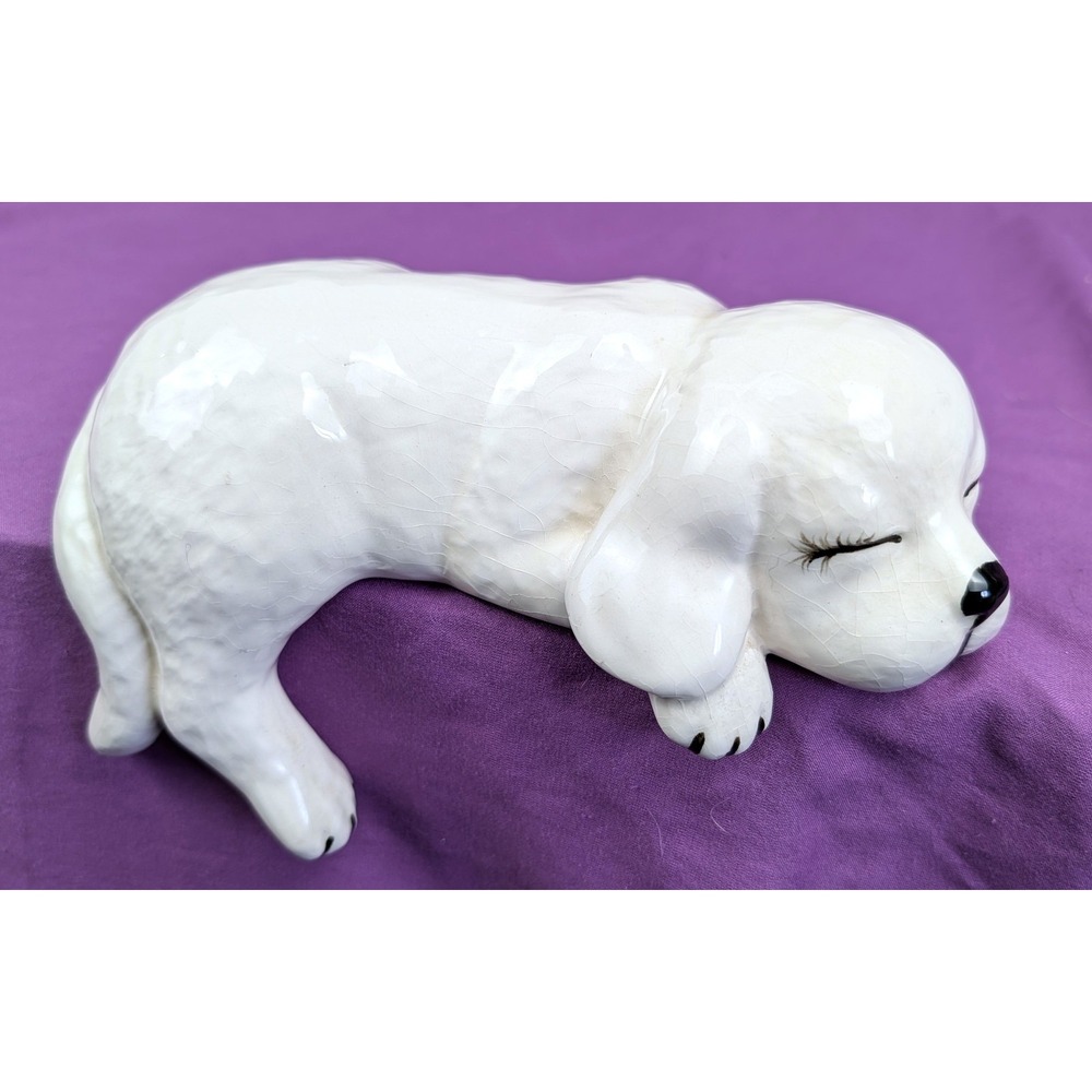 Vintage Sleeping Puppy Dog Shelf Sitter Ceramic Mantel Display White - Crazing